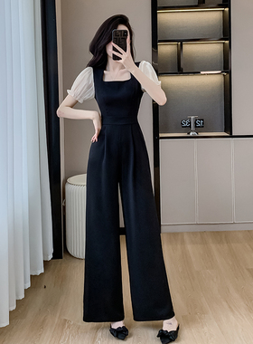 法式高级感黑色连体裤2024新款女装气质名媛阔腿连身裤套装夏8752