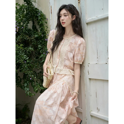 谜秀高级感法式绣花衬衫+半身裙两件套2024夏季气质蕾丝套装裙