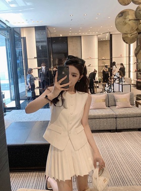 Meliss Lazy高级感无袖西装马甲+高腰显瘦时尚百褶短裙半身裙套装