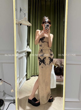 Meliss Lazy新中式复古蝴蝶扎染印花收腰修身显瘦包臀吊带连衣裙