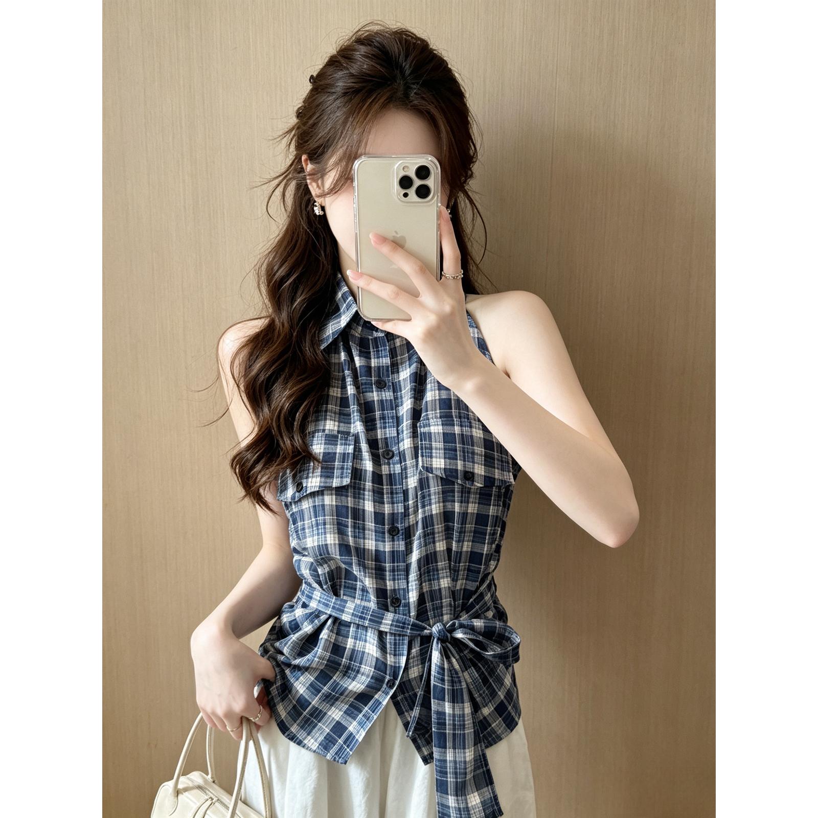 韩系复古收腰绑带翻领格子背心女夏季新款气质修身显瘦无袖上衣潮