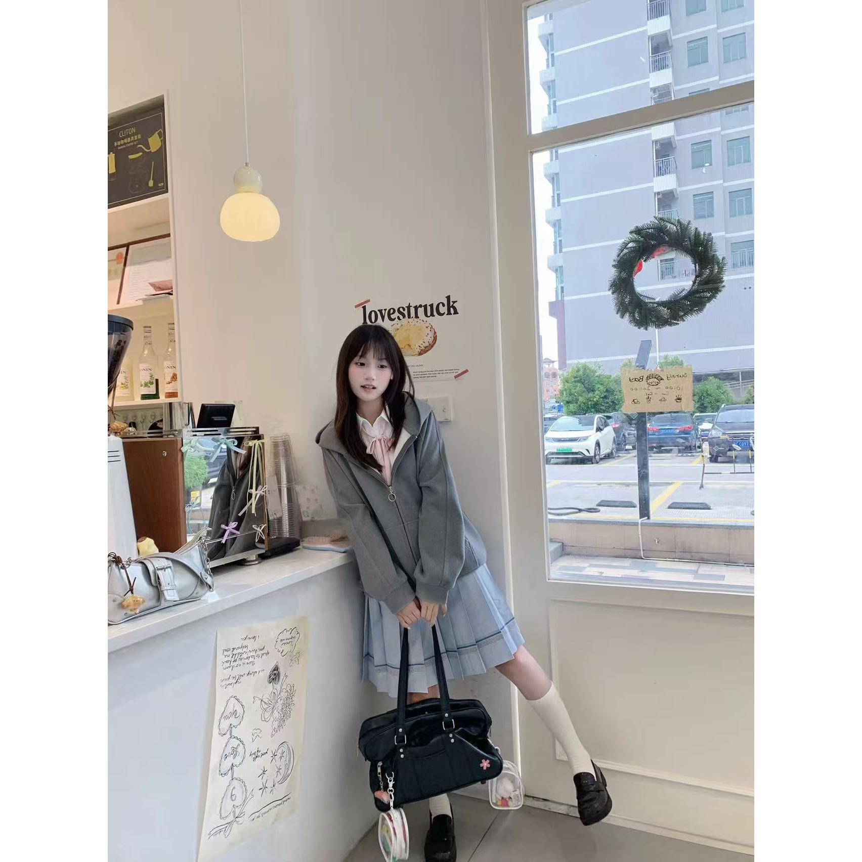 lulucake连帽开衫卫衣jk套装宽松日系学院风百搭可拆卸毛领外套女