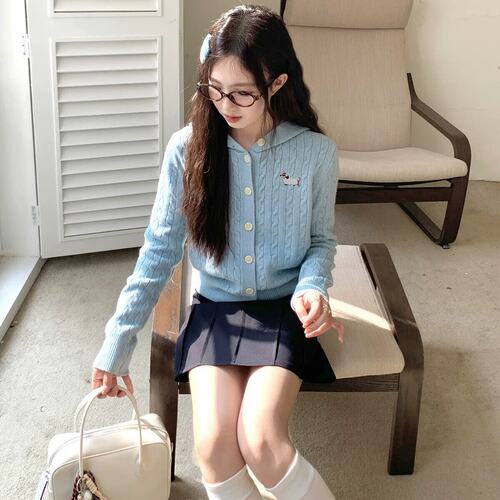 cozydays两色腊肠小狗刺绣连帽针织衫女秋冬新款百搭休闲套头毛衣