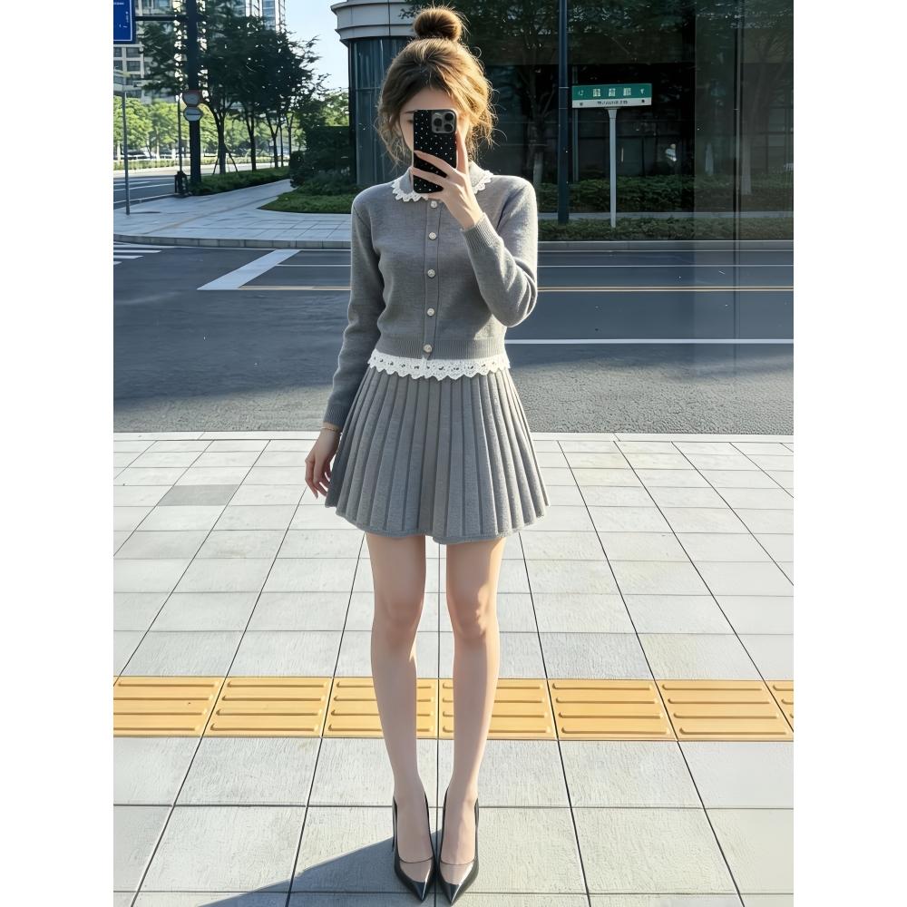 小香风短款减龄蕾丝花边毛衣开衫外套两件套女针织百褶短裙套装潮