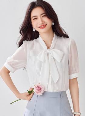 2026夏季新品短袖衬衫女白色淑女修身中袖飘带蝴蝶结领OL洋气衬衣