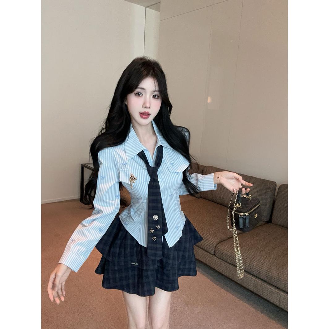美式学院风jk制服套装蝴蝶结刺绣条纹衬衫蓬蓬半裙两件套