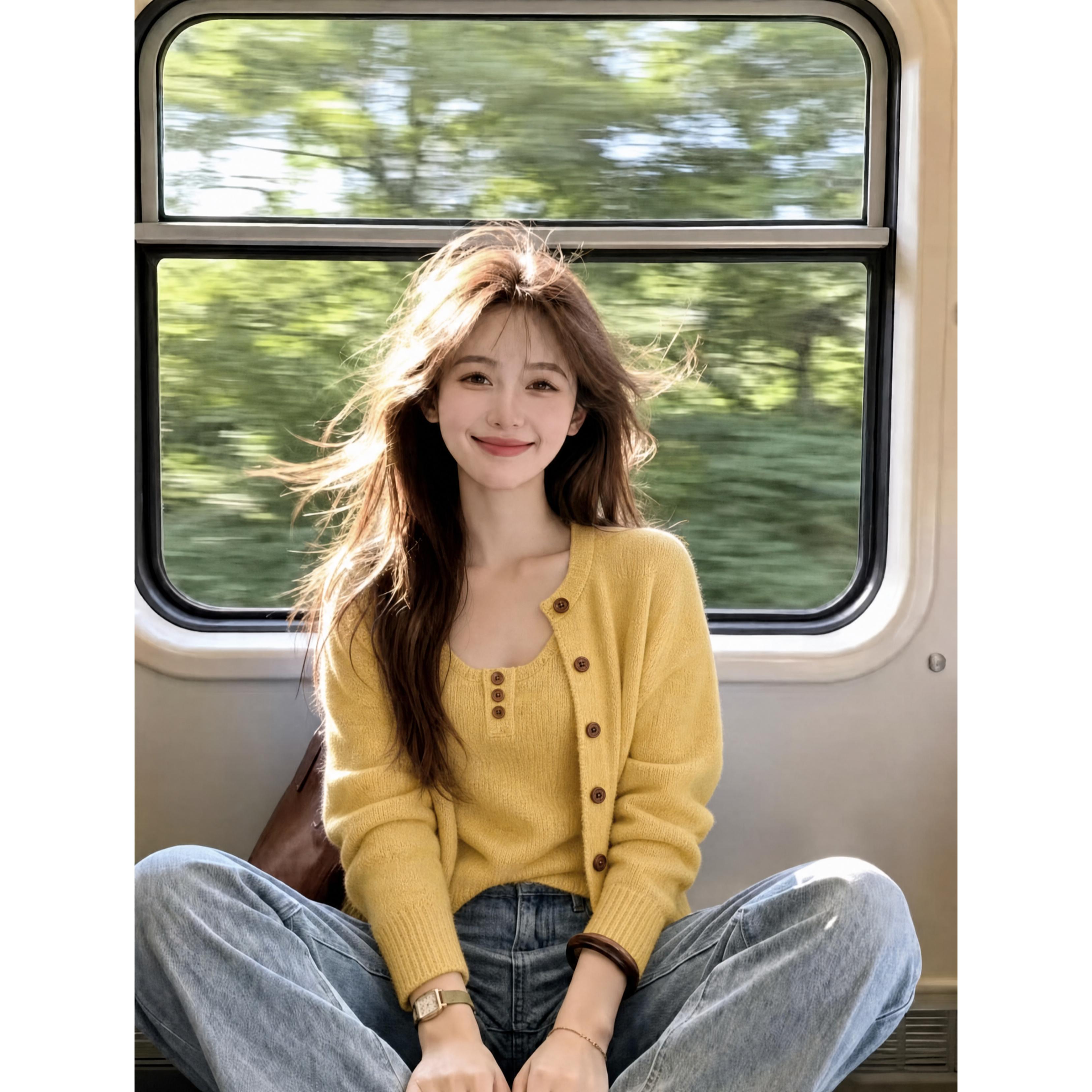 韩系chic黄色吊带叠穿两件套上衣女早秋季穿搭设计感长袖针织开衫