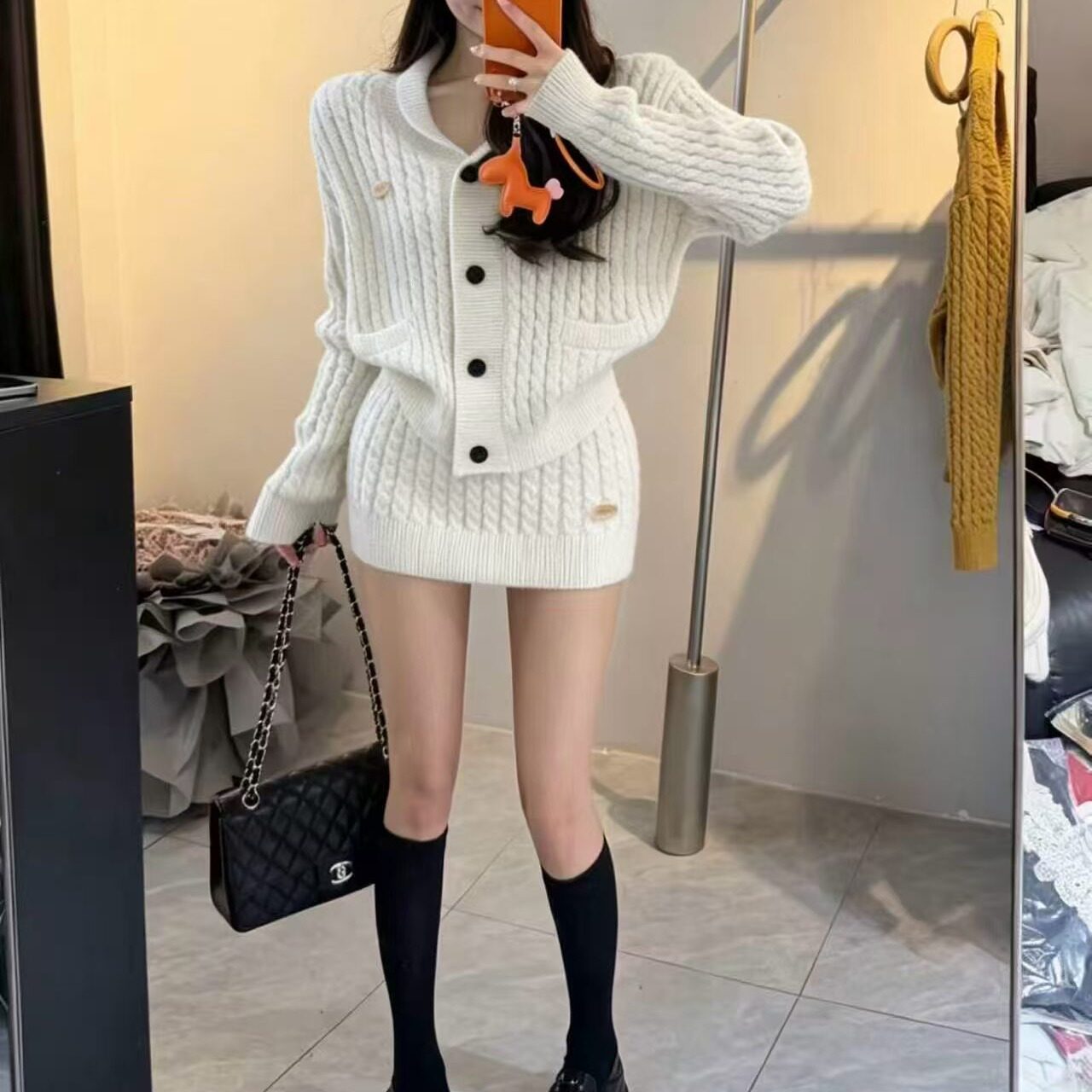 麻花针织套装女春季慵懒风开衫外套包臀短裙两件套