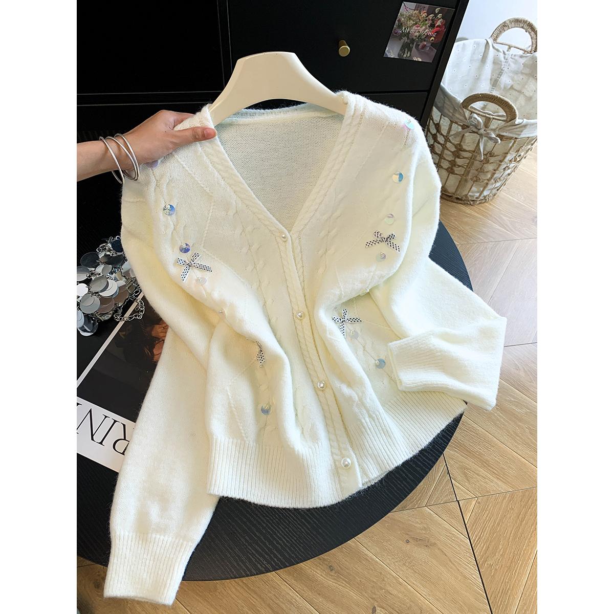 韩系亮片蝴蝶结装饰针织开衫女甜美风圆领毛衣温柔外套上衣