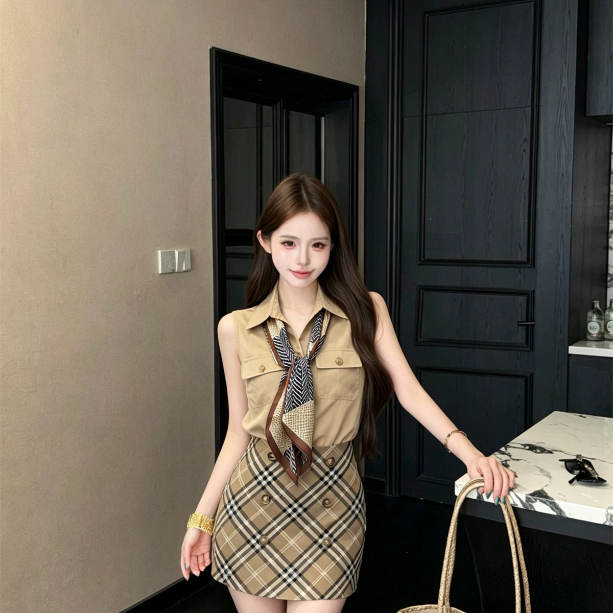 MEI ZI 美姿-衣子自带安全裤格子半身裙两件套套装配可拆卸丝巾