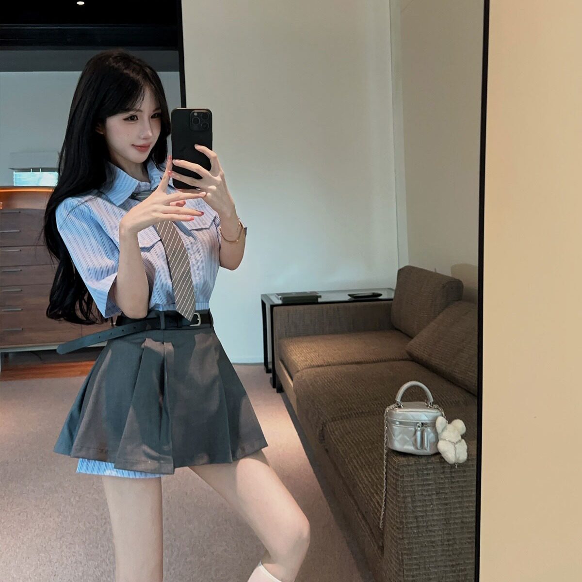 学院风jk套装女蓝色条纹短袖衬衫拼接a字灰色裙裤两件套