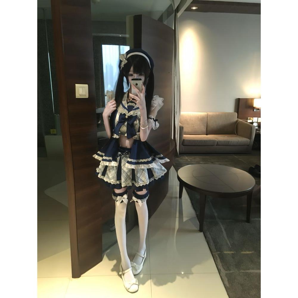 新款日系洛丽塔少女海军领蝴蝶结双排扣上衣低腰格纹短裙两件套女