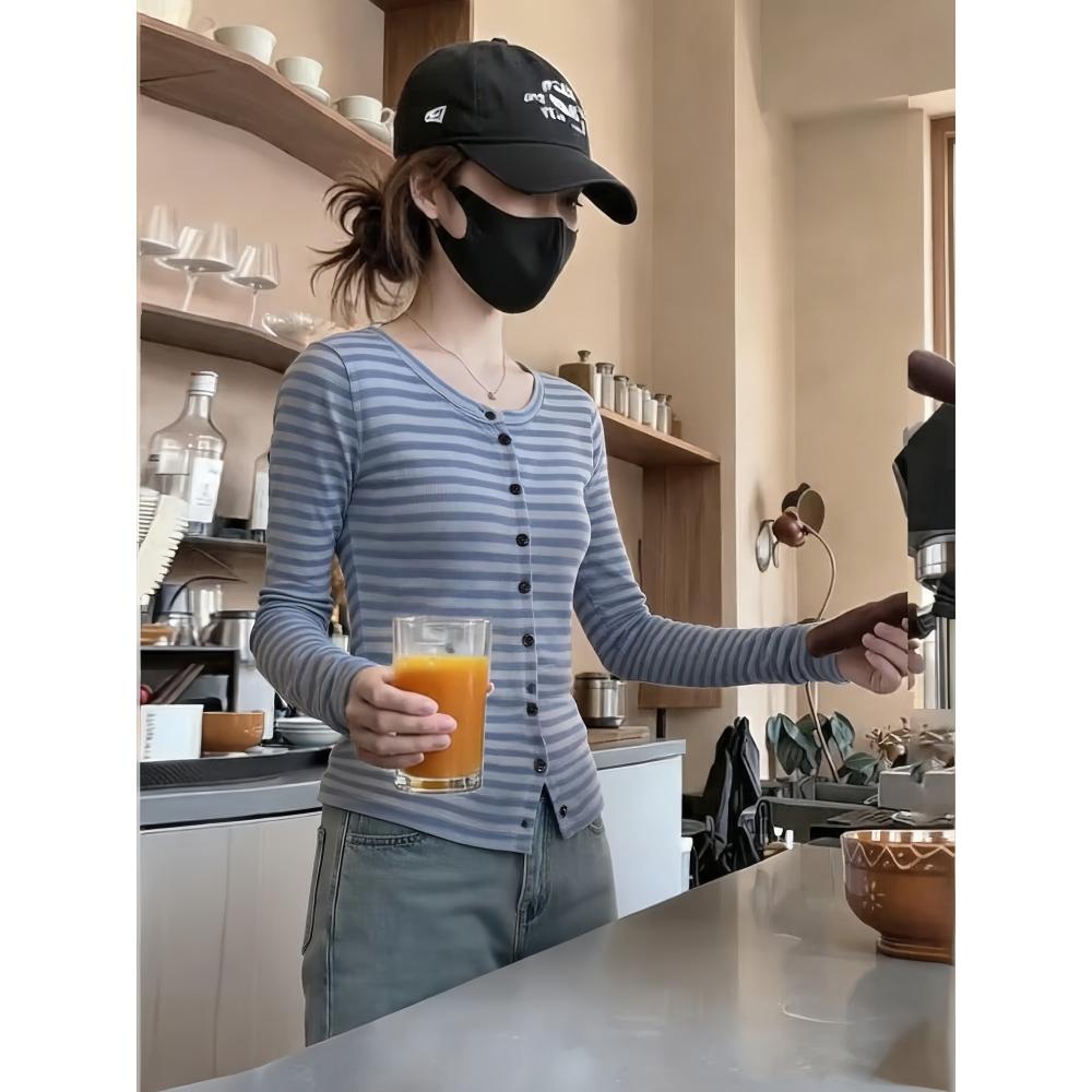 2026秋季新款条纹针织开衫女长袖圆领毛衣外套宽松显瘦百搭上衣潮