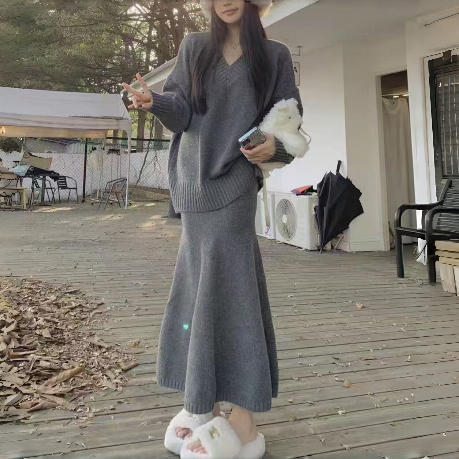 秋冬新款慵懒风v领针织衫宽松毛衣上衣包臀鱼尾半身裙套装女