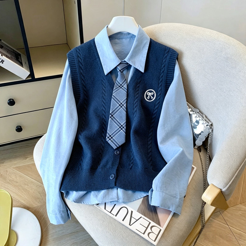复古学院风时尚叠穿套装女毛衣马甲背心衬衫领带三件套
