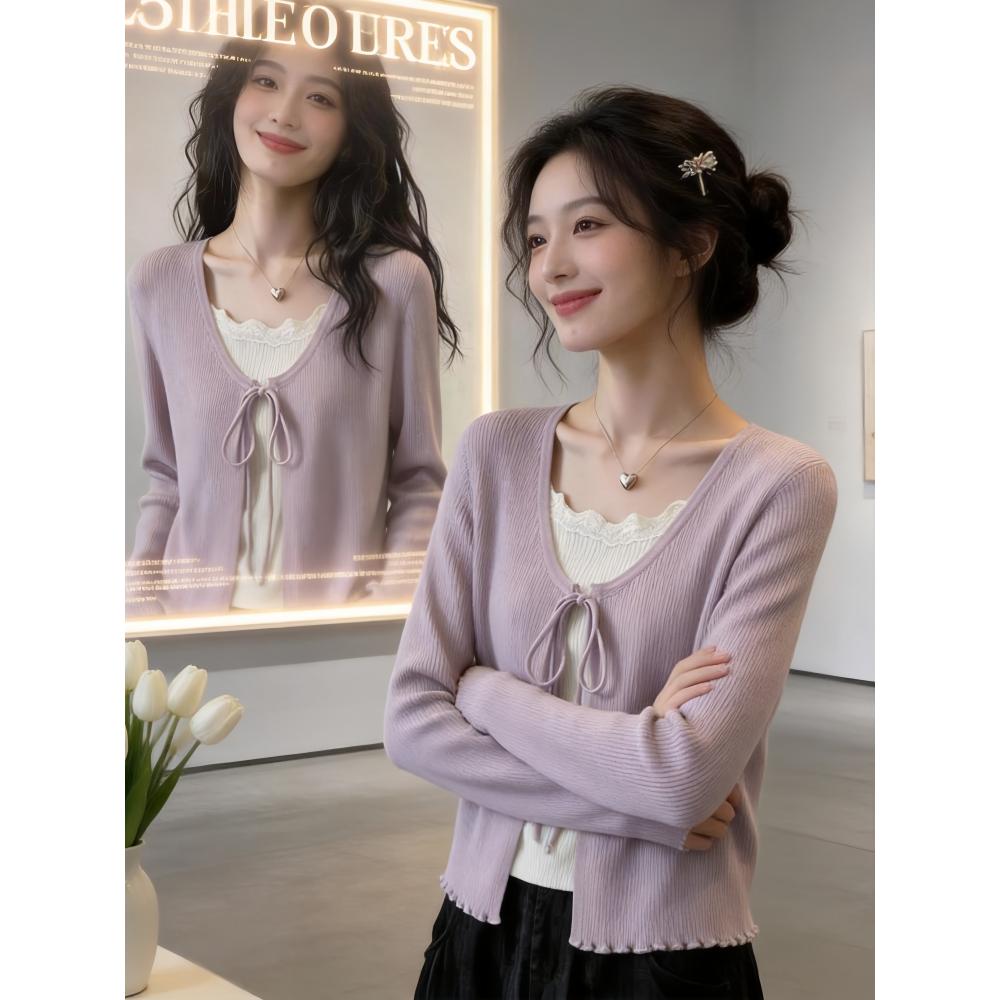 假两件蕾丝花边针织毛衣女2026秋季新款显瘦法式系带蝴蝶结上衣潮