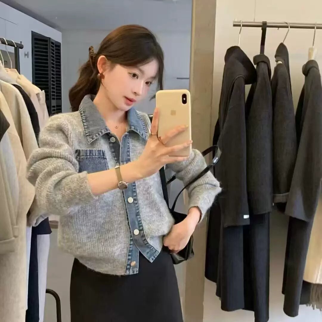 韩系复古牛仔拼接毛衣开衫女秋冬撞色设计感小众针织衬衫长袖上衣