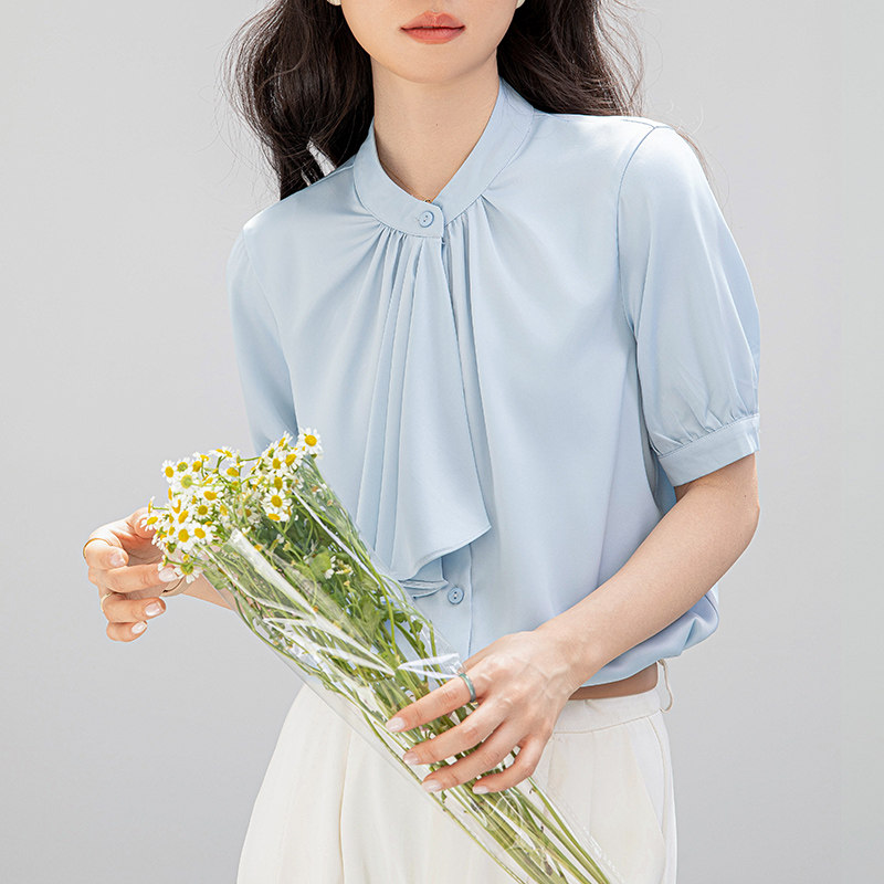 2026年新款面试职业通勤正装上衣缎面短袖白色衬衫女夏季