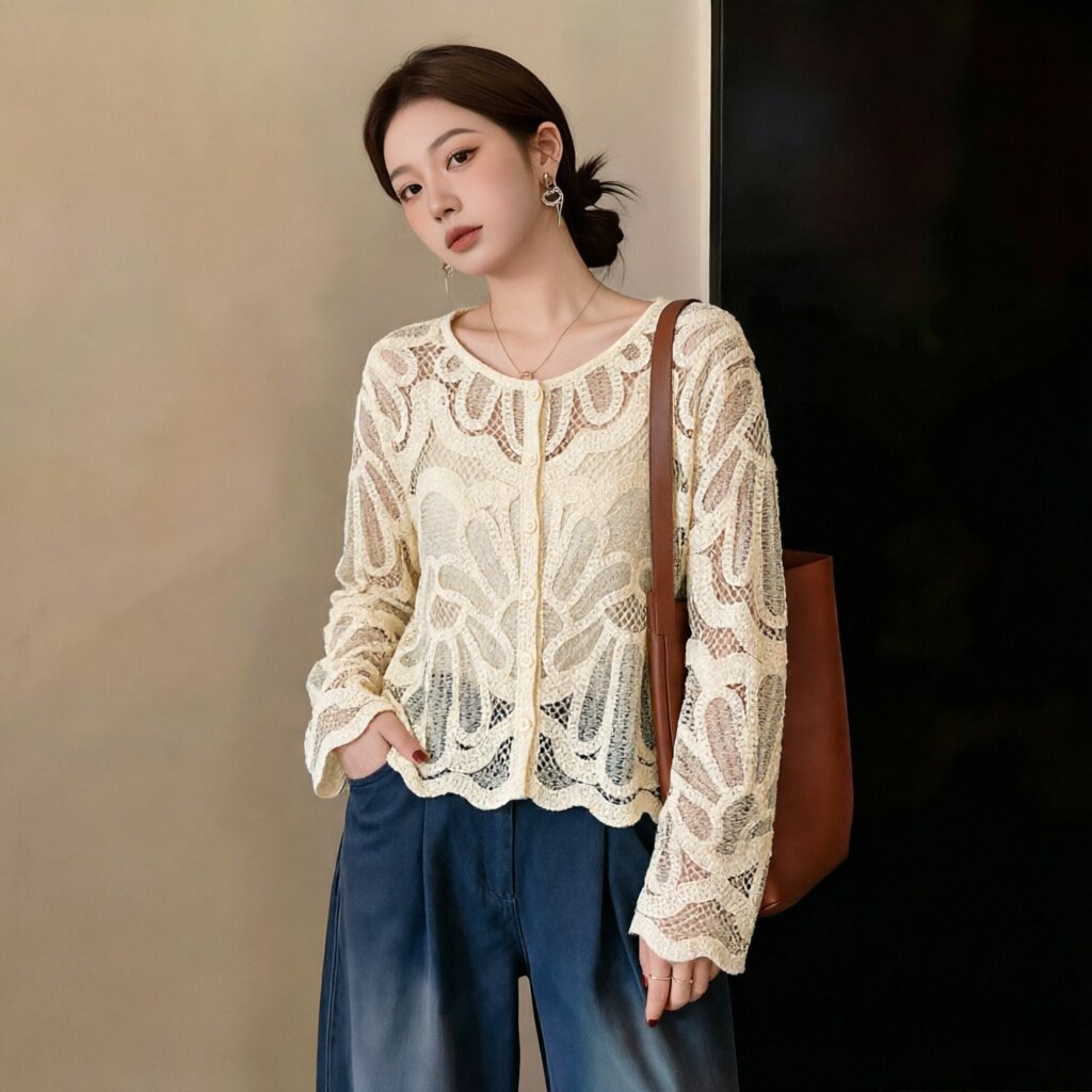 大码女装2026秋季复古长袖针织衫镂空绣花气质洋气百搭衣开衫外套