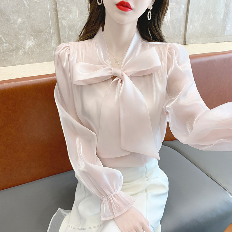2023春秋新款欧根纱蝴蝶结气质淑女衬衫上衣内搭小香风雪纺衫