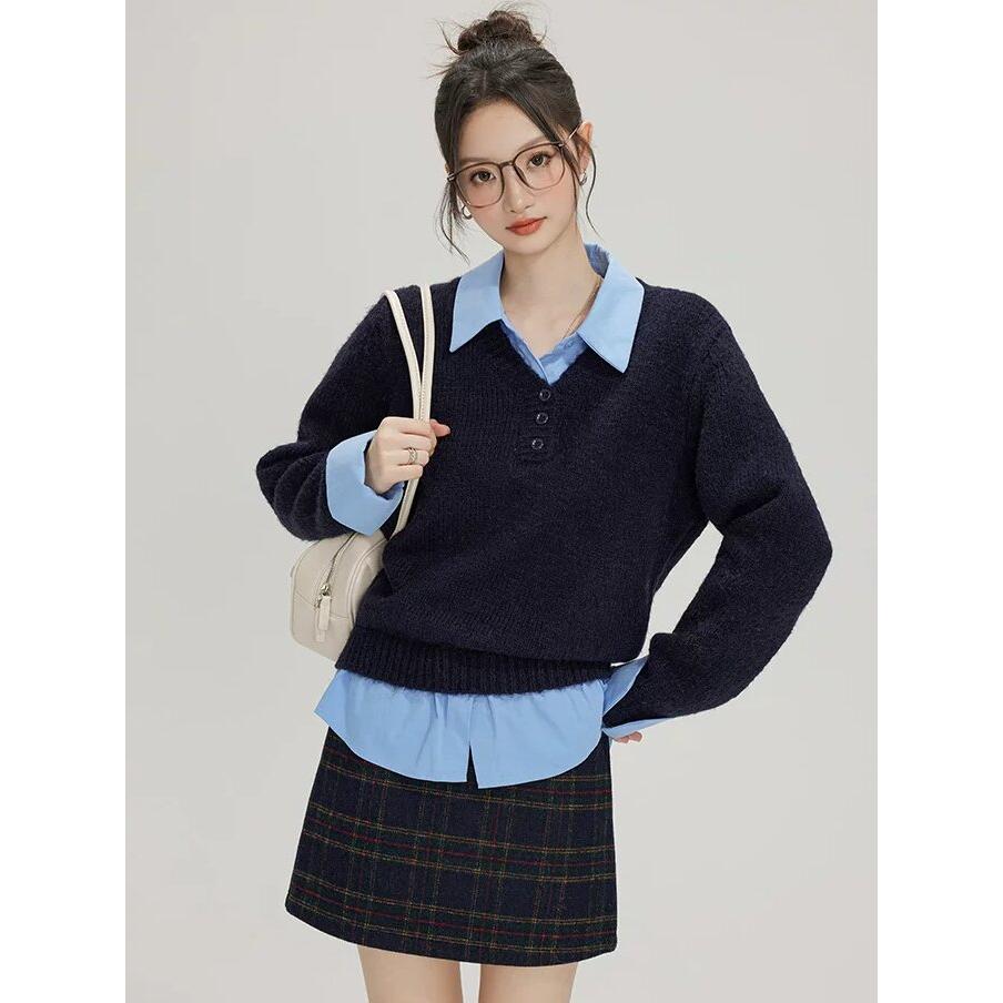 早秋假两件POLO领学院风减龄毛衣女装韩系宽松针织衫法式别致上衣