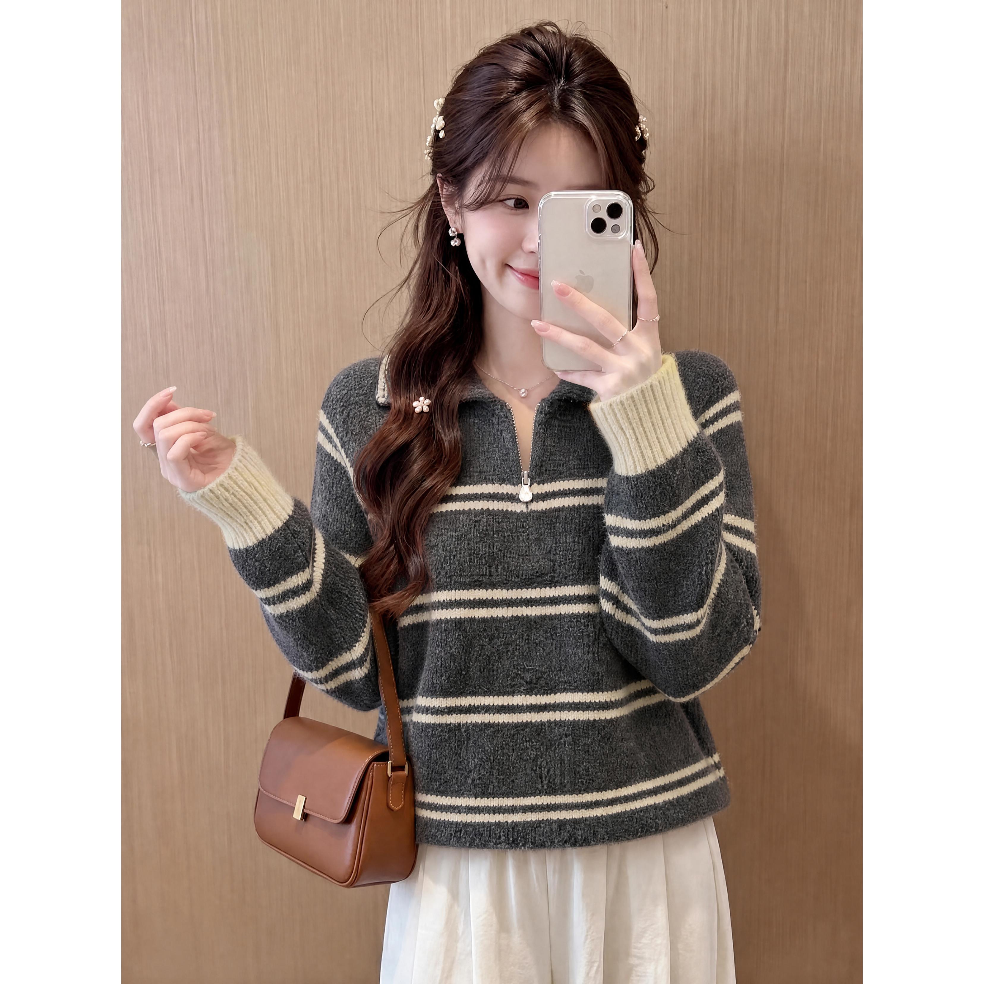 韩系polo领条纹套头毛衣女秋冬宽松翻领半拉链软糯减龄针织衫上衣