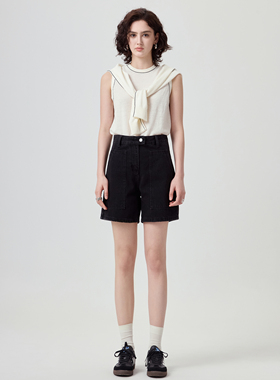 YC遇初309新款夏季黑色直筒牛仔短裤女 高腰时髦休闲通勤百搭裤子