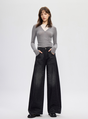 YC遇初336烟灰色高腰阔腿牛仔裤女宽松侧缝不规则设计弯刀长裤子