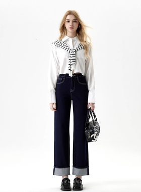 YC遇初 199春秋季四面弹牛仔裤女原色高腰卷边九分直筒微阔腿裤子