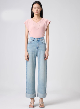 YC遇初034 秋季新款复古宽松高腰抗皱牛仔裤直筒翻边阔腿九分裤女