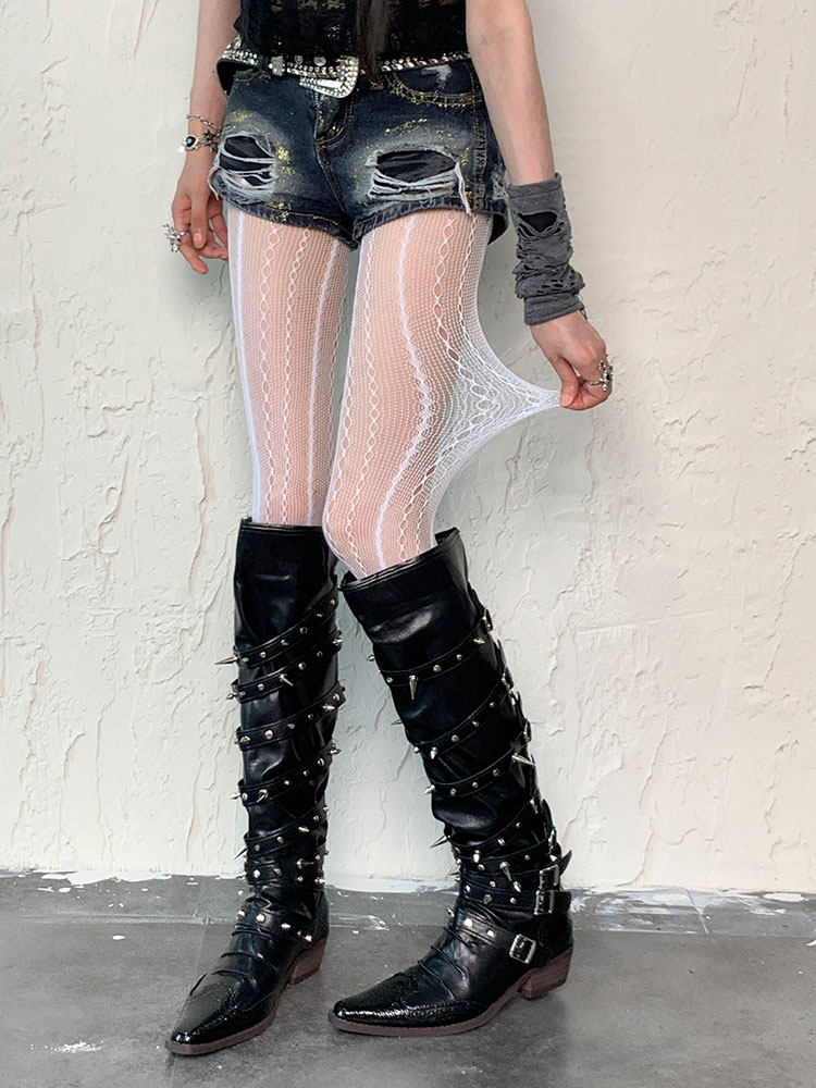 보키오르 웨이브 와인 | 시원한 중공 망사 Y2K 황야 시부야 하위 문화 수직 패턴 이국적인 히피 고대