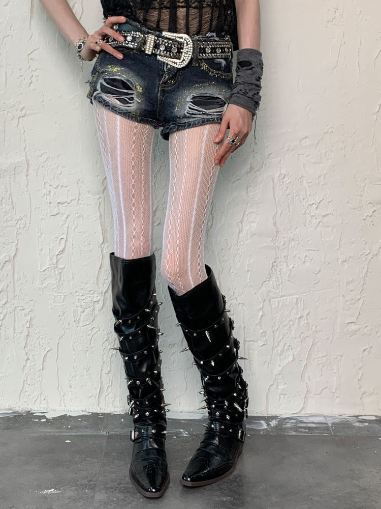 보키오르 웨이브 와인 | 시원한 중공 망사 Y2K 황야 시부야 하위 문화 수직 패턴 이국적인 히피 고대