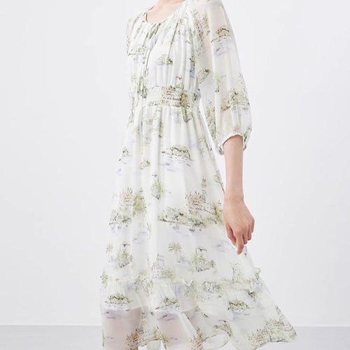 法式清新真丝裙子 桑蚕丝连衣裙 感乔其印花桔梗裙中长款女装