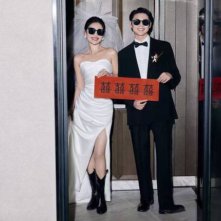 法式白色抹胸缎面轻婚纱简约迎宾出门纱宴会开叉显瘦气质晚礼服裙