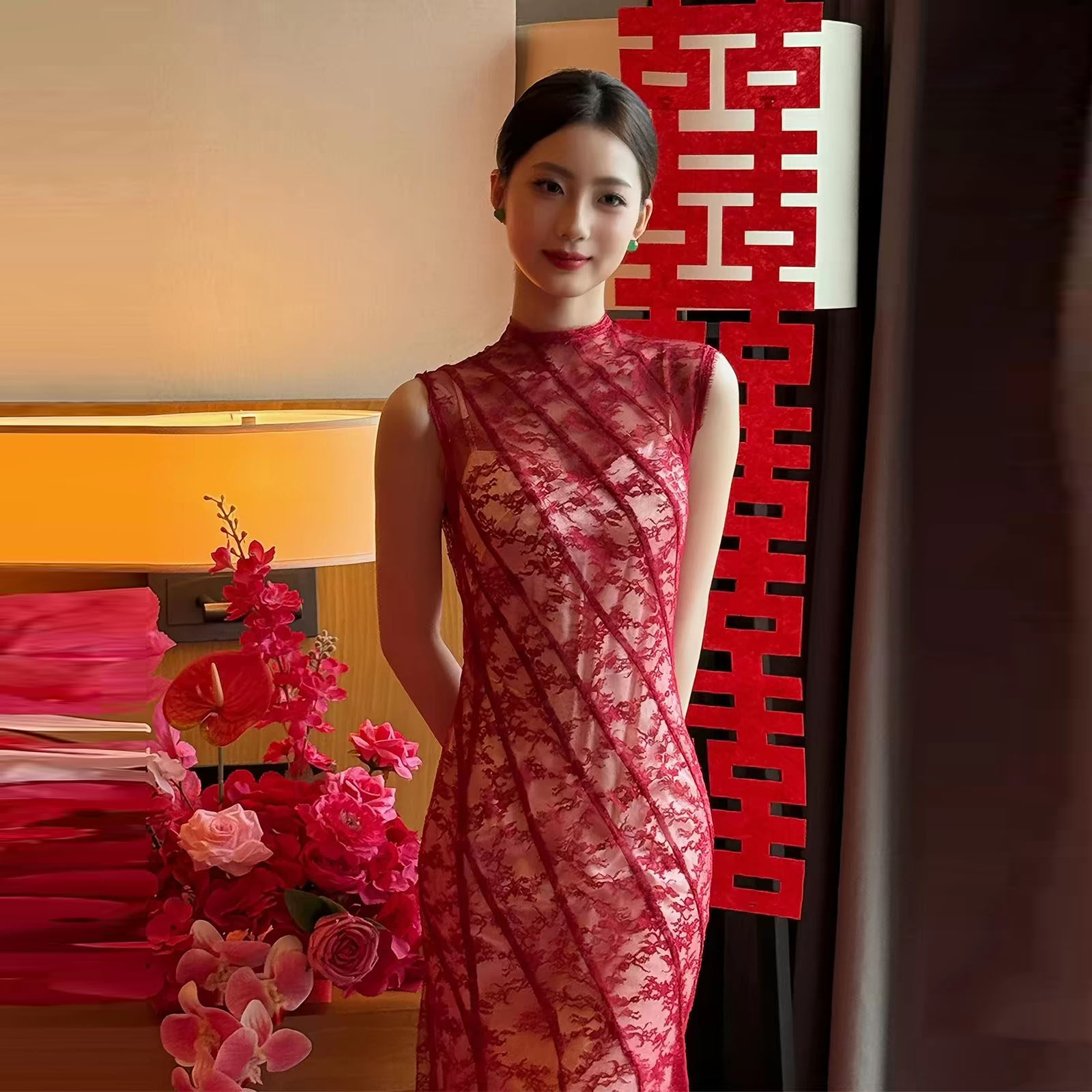 新中式红色蕾丝改良旗袍新娘晨袍回门出阁宴会订婚敬酒晚礼服裙女