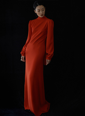 红色敬酒服新娘结婚缎面长袖宴会年会主持显瘦晚礼服裙女平时可穿