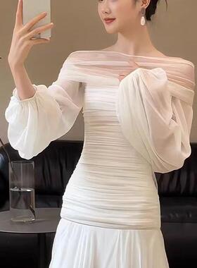 法式白色一字肩长袖新娘超仙晨袍结婚迎宾出门轻婚纱简约晚礼服裙