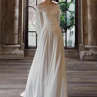 法式 复古蕾丝缎面出门迎宾纱气质订婚敬酒晚礼服裙 白色一字肩长袖