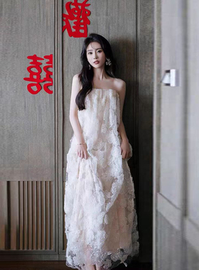 法式白色抹胸晨袍蕾丝迎宾轻婚纱宴会晨旅拍高腰新娘结婚晚礼服裙