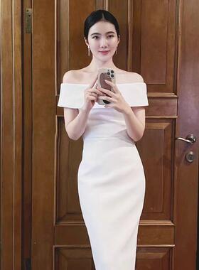 法式白色缎面一字肩中长款宴会年会生日派对订婚领证晚礼服连衣裙