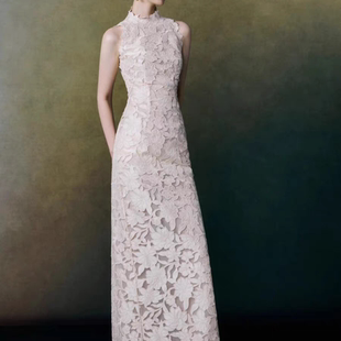 法式 白色镂空蕾丝高级挂脖旗袍新娘结婚晨袍宴会订婚敬酒晚礼服裙