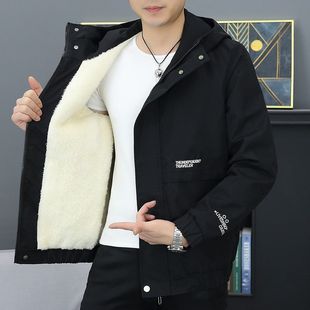 外套男秋冬款连帽加绒加厚新款潮流百搭宽松棉衣高档保暖夹克外套