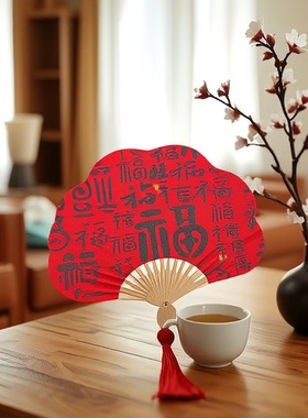 迷你国潮书法团扇中国风创意文字扇子新年红色喜庆扇旅游打卡扇面