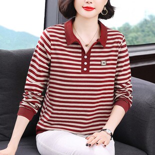 女装 上衣POLO衫 妈妈翻领条纹纯棉打底衫 长袖 t恤 女春季 中老年时尚