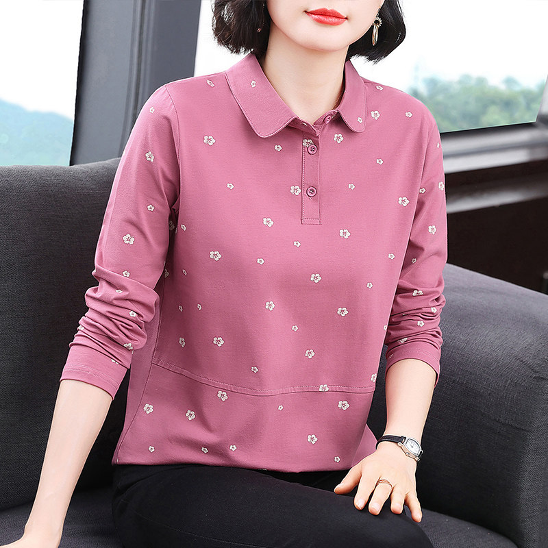 中老年女装妈妈纯棉长袖t恤女洋气印花上衣春秋季宽松韩版打底衫