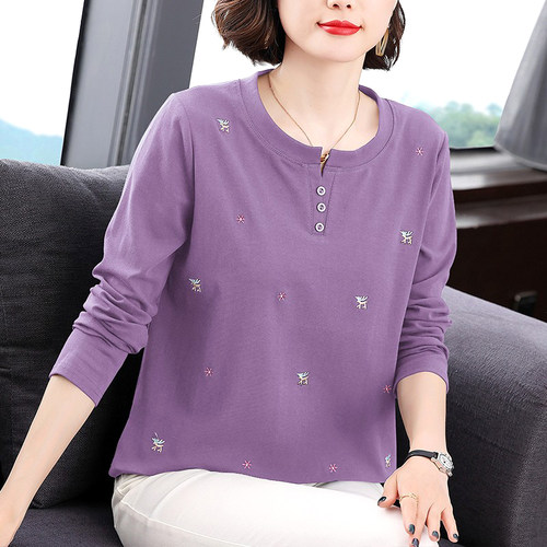 中老年妈妈时尚绣花纯棉长袖t恤