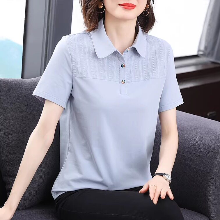 妈妈纯棉短袖t恤女韩版宽松大码翻领上衣中年夏装洋气半袖POLO衫
