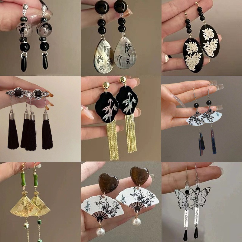 银针新中式竹节扇形耳钉