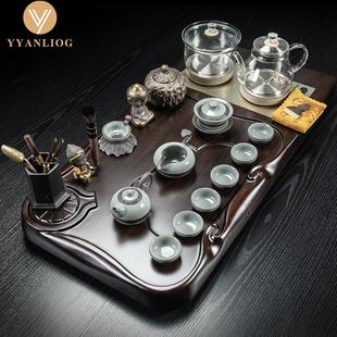 高档茶台茶壶玻璃烧水一体式 天然黑檀实木茶盘茶具套装 全自动家用