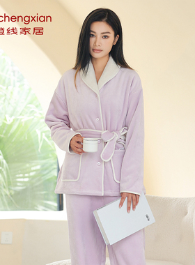 橙线情侣睡衣套装加绒加厚温带绒长袖长裤秋冬款保暖家居服E83018